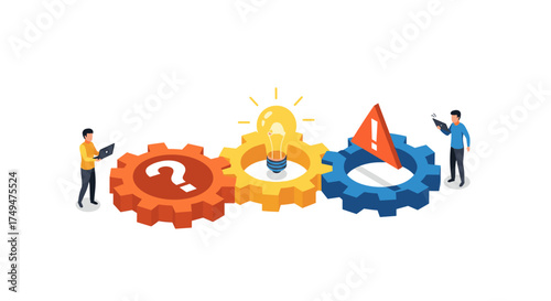 Illustrating the process of problem solving and idea generation with gears and symbols.