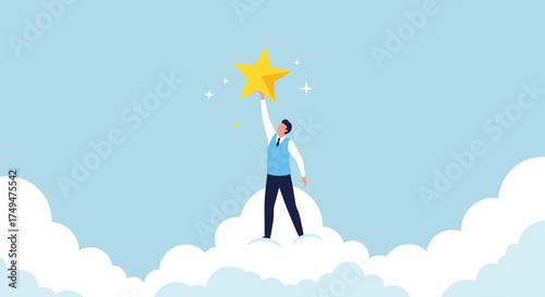 A person reaching for a golden star while standing on clouds.