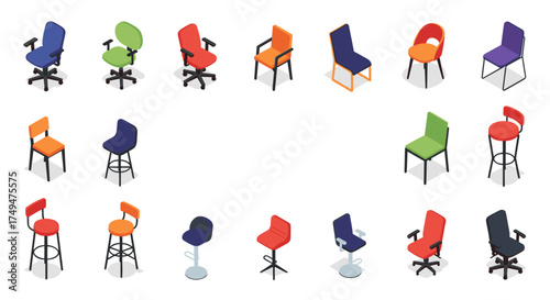 A colorful collection of modern office and bar stools with ergonomic designs.