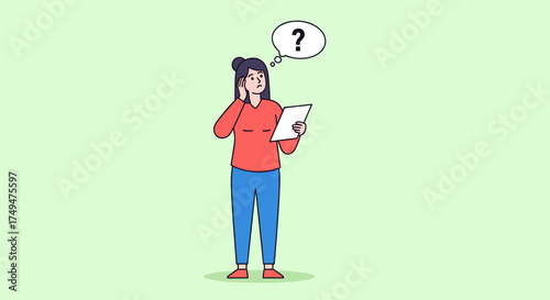 A confused young woman looking at a document and asking a question.