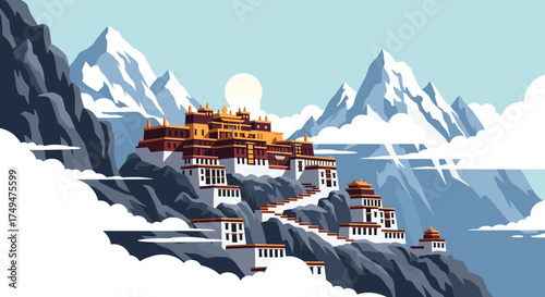 A remote monastery perched on a rugged mountainside surrounded by clouds and snow-capped peaks.