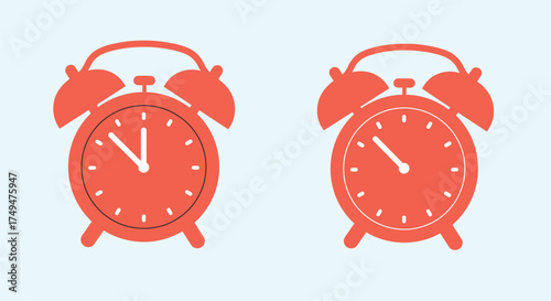 Two red alarm clocks displaying different times in a simple illustration