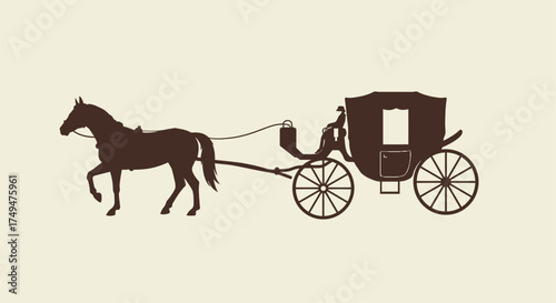 A vintage horse drawn carriage and driver in a side profile view