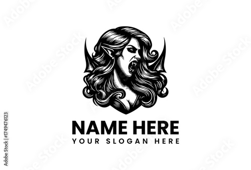 Scary Vampire Woman with Fangs and Pointed Ears - Vector Logo Design for Halloween or Fantasy Themes