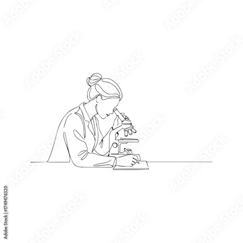 Continuous one line drawing of a female scientist using a microscope. Woman researcher in a laboratory conducting scientific research. Minimalist single line art illustration.
