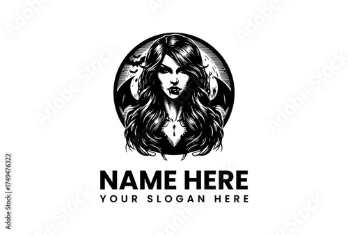 Mysterious gothic woman illustration with long flowing hair, fangs, and an ornate pendant, framed by flying bats, ideal for a unique vector logo