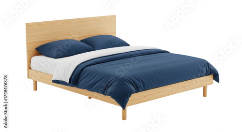 Isolated wooden bed frame, bedroom furniture with blue bedding, simple contemporary design