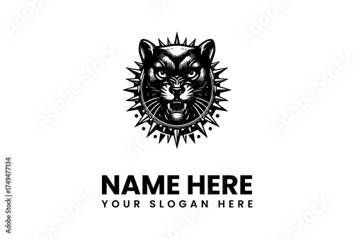 Aggressive black cat head emblem with sharp teeth and a spiky sunburst frame. Vintage-style wild animal mascot vector illustration for a logo