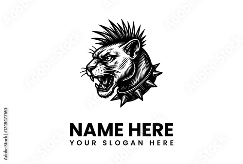 Aggressive punk rock puma mascot with a mohawk hairstyle and spiked collar. Fierce wildcat head logo concept for a team or brand. Vector illustration 163.eps
