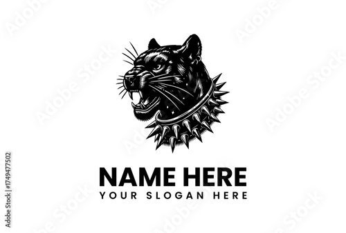 Fierce Black Panther Head Logo with Spiked Collar. Aggressive Wild Cat Mascot Design. Powerful Tattoo Style Illustration for Sports Teams, Brands, or Apparel