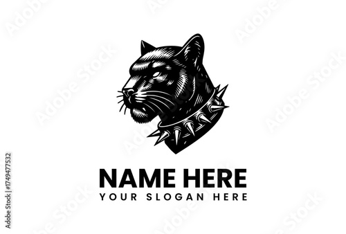 Dynamic monochrome illustration of a fierce black panther head, featuring a bold spiked collar. Perfect for strong branding, sports team mascots, or any design needing an aggressive animal emblem