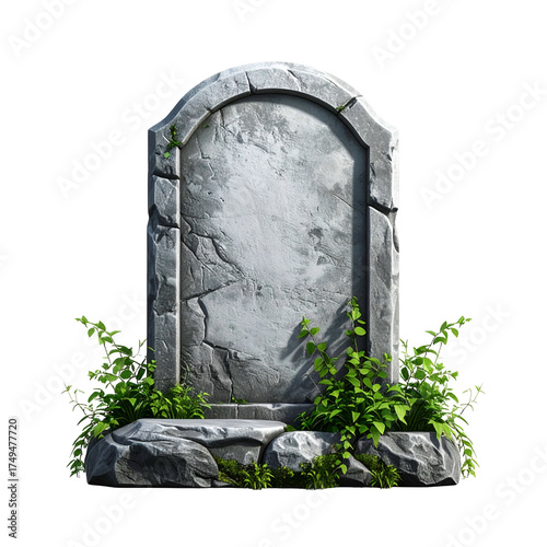 A weathered, gray tombstone with cracks and vegetation, standing on a rocky base