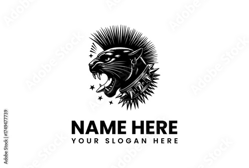 Punk Panther Logo Aggressive Cat Head with Spikes and Mohawk