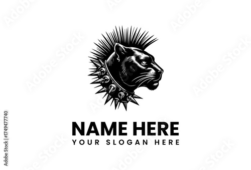 Fierce black panther head with a rebellious punk rock mohawk and spiked collar, a powerful emblem symbolizing strength and wild attitude for various designs