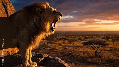 Majestic lion roaring at sunset overlooking African savanna