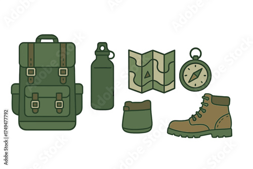 Essential outdoor adventure gear set featuring backpack, map, compass, water bottle, and hiking boot