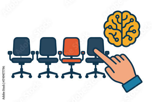 Hand pointing at office chair row with glowing brain icon symbolizing AI driven selection and hiring