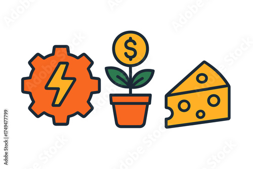 Set of symbols representing mechanical power, financial investment growth, and food resources
