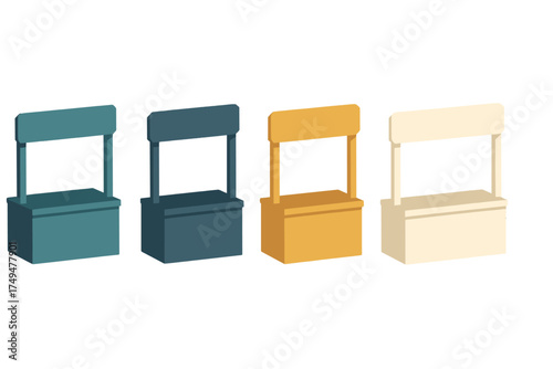 Group of four blank portable retail stands in teal, blue, yellow, and cream colors