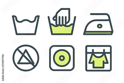 Essential set of six laundry care symbols for washing, drying, and ironing instructions on clothing labels
