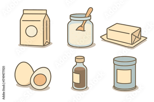 Set of basic baking ingredients including milk, butter, eggs, sugar, and vanilla extract