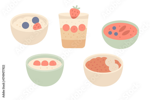 Healthy breakfast assortment featuring oatmeal, smoothie bowls, and yogurt parfait with fruit