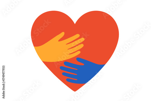Two stylized hands embracing a large red heart symbolizing care and unity