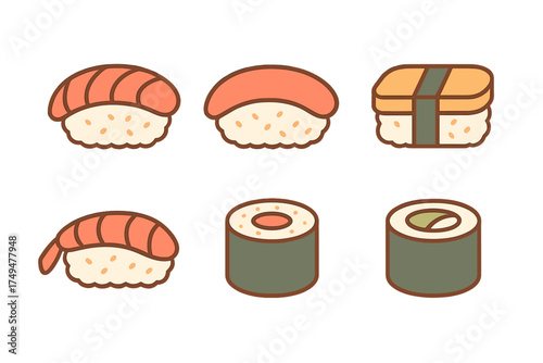 Six stylized sushi and maki icons with simple geometric shapes