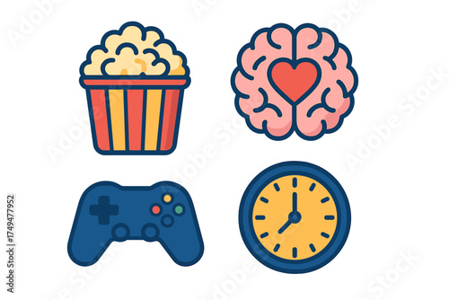 Four icons for entertainment, mental health, gaming, and time organization