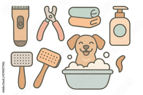 Collection of happy dog grooming and pet care supplies icons
