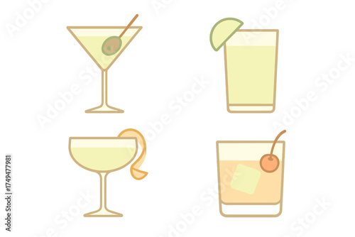 Four classic cocktails in glassware with various garnishes
