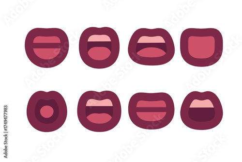 Eight stylized mouth shapes illustrating various expressions and phonemes