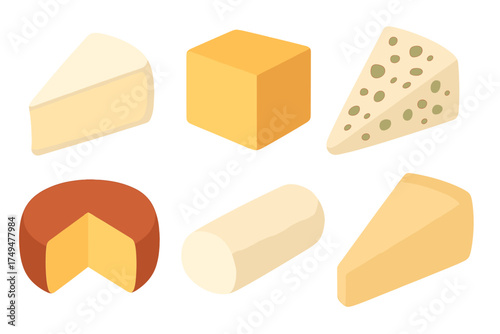 Isometric assortment of various cheese pieces and blocks