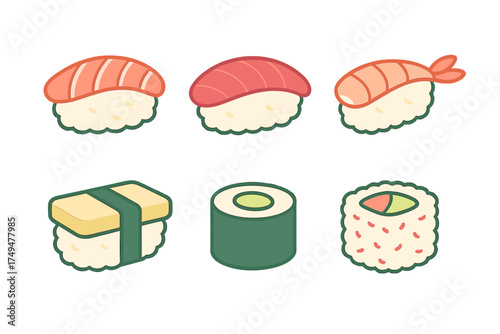Set of six cute sushi and maki icons with salmon, tuna, shrimp, and tamago