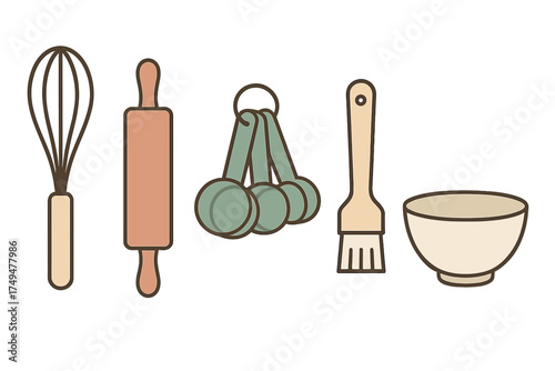 Essential baking utensils set with whisk, rolling pin, measuring spoons, brush, and bowl
