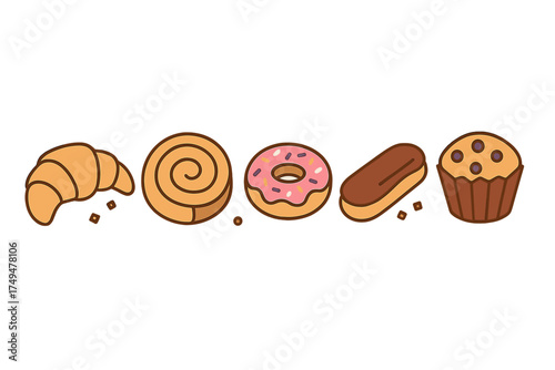Collection of sweet baked goods icons featuring croissant donut eclair and muffin