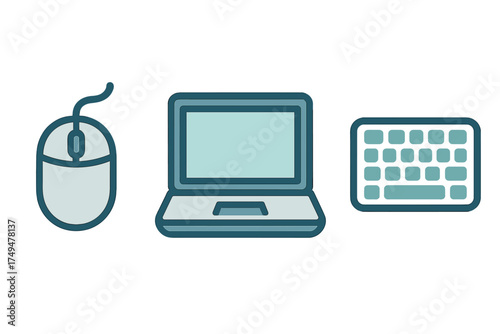 Collection of essential computer hardware icons featuring laptop, mouse, and keyboard