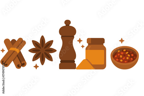 Assortment of brown spices and seasoning tools for culinary preparation