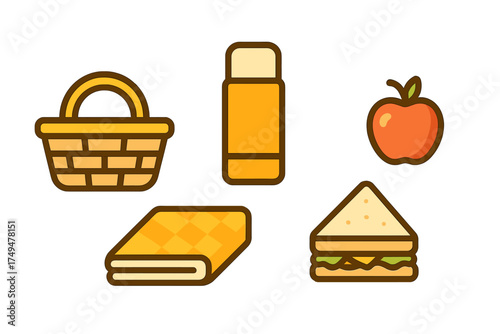 Picnic food and accessories set with basket and blanket