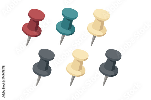 Six isometric push pins in assorted colors
