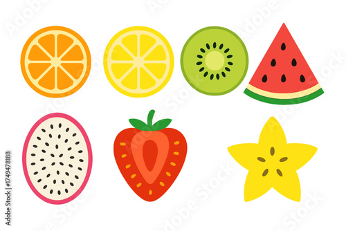 Vibrant collection of sliced tropical and citrus fruits: orange, lemon, kiwi, strawberry, dragon fruit