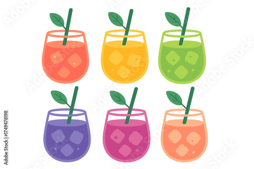 Set of six colorful summer cocktails served in stemless glasses with ice, straws, and leaf garnish on a white background