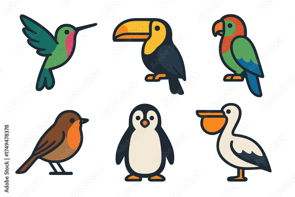 Fototapeta premium Set of six colorful bird species icons: toucan, penguin, hummingbird, parrot, pelican, and robin
