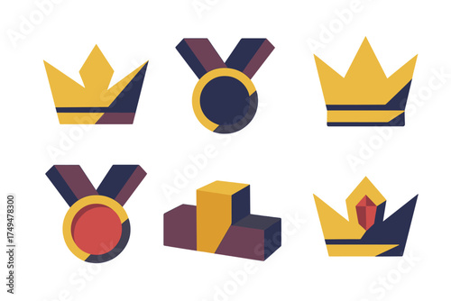 Stylized geometric icons of crowns, achievement medals, and winner podium symbols