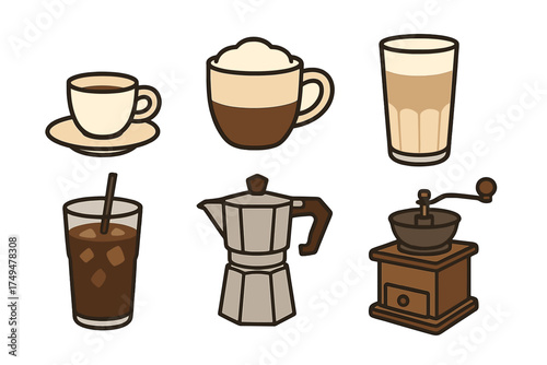 Collection of hot and cold coffee drinks and essential brewing equipment icons