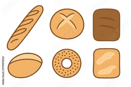 Collection of various baked goods including baguette, round loaf, rye bread, and bagel shapes
