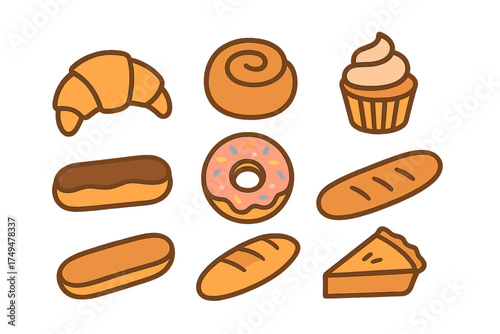 Assortment of fresh baked goods and sweet pastries including croissant donut and cupcake