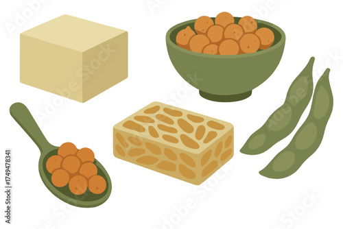 Collection of healthy plant based protein foods featuring tofu tempeh and soybeans