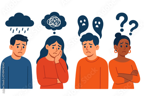 Diverse people struggling with emotional distress, anxiety, depression, and uncertainty symbols