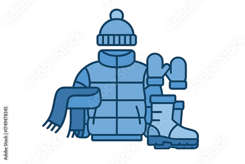 Essential winter clothing set including jacket, hat, scarf, mittens, and boots for cold weather protection